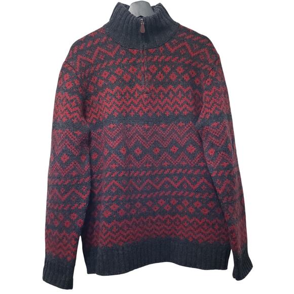 Vintage J. CREW 1/4 Zip Sweater 100% Lamb's Wool Fair Isle Men's Medium Red Gray - Picture 1 of 13